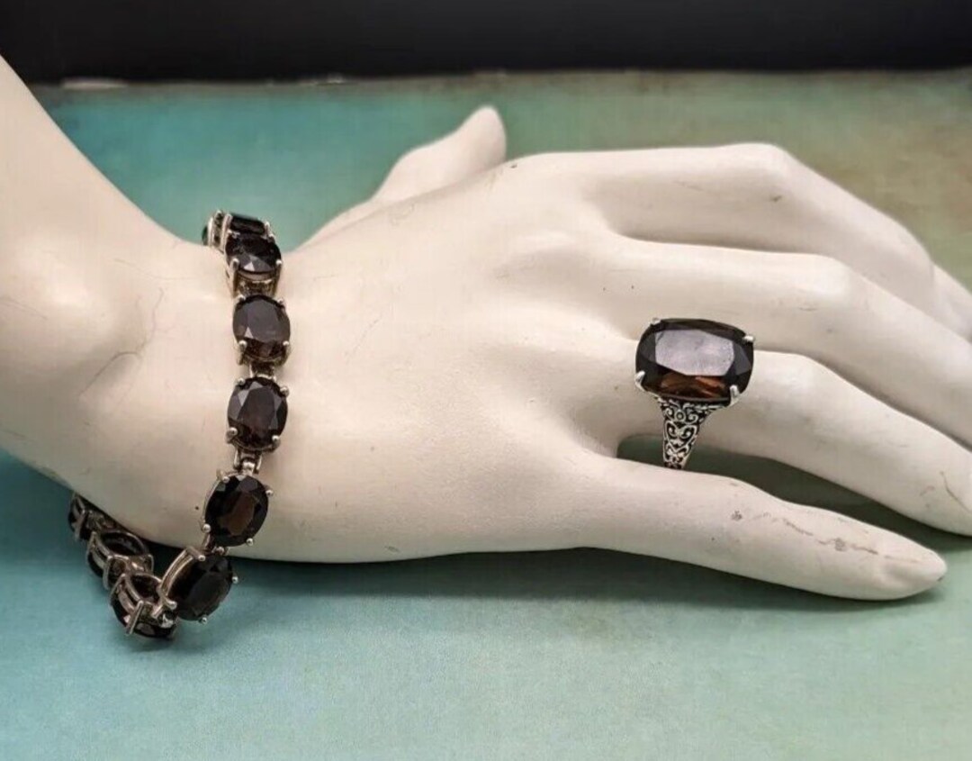 Sterling Silver 925 Signed CNA Smokey Quartz Filigree Ring and Tennis ...