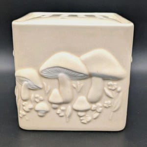 Può includere: Un contenitore quadrato in ceramica bianco sporco con coperchio. La parte anteriore presenta un disegno a rilievo di diversi funghi, fiori e fogliame. I funghi hanno branchie dettagliate e sono di varie dimensioni.