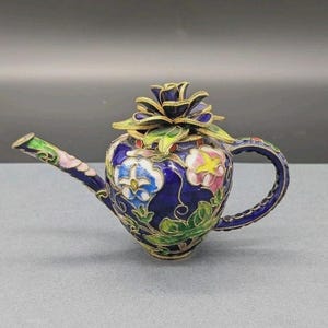 Vintage Chinese Cloisonné Enamel Teapot Floral Lid Gold Trim Small