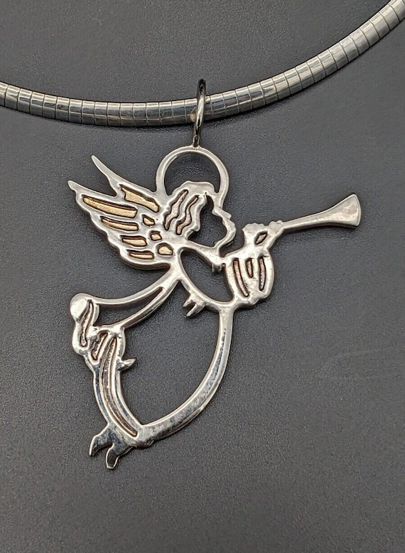 Vintage Angel Pendant Necklace Silver and Gold Sig