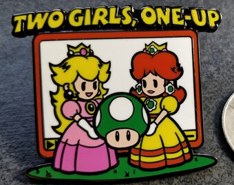 Princess Peach & Princess Daisy Super Mario Bros. Meme Inspired "Two Girls, One-Up" Hard Enamel Lapel Pin (+BONUS Mystery Sticker!)