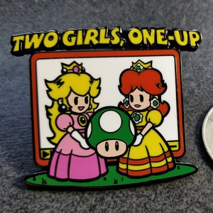 Princess Peach & Princess Daisy Super Mario Bros. Meme Inspired "Two Girls, One-Up" Hard Enamel Lapel Pin (+BONUS Mystery Sticker!)