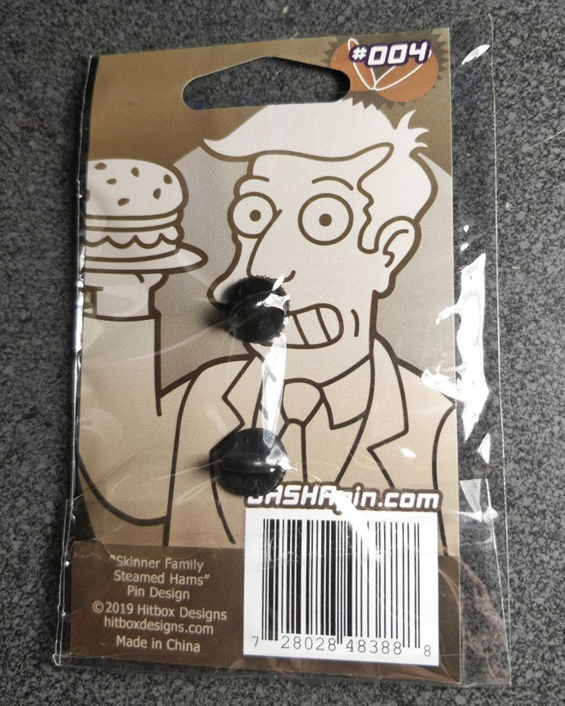 May include: A black and white cartoon image of a man holding a plate with a burger on it. The image is on a brown background with the text "Skinner Family Steamed Hams" and "#004".