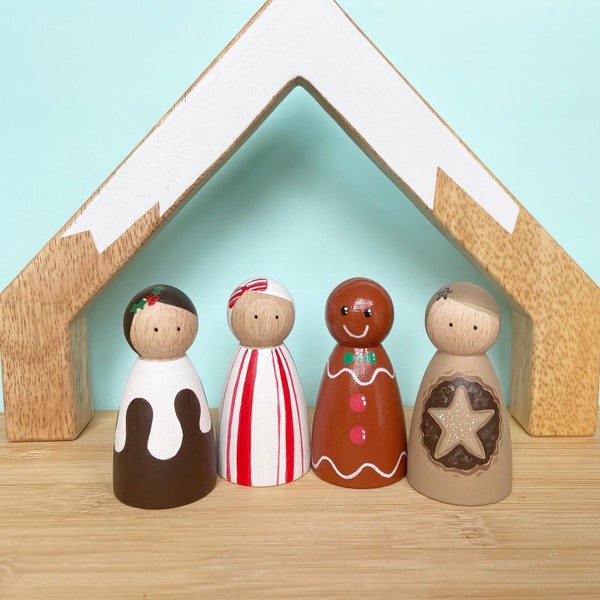 Weihnachten süße Leckereien Peg Puppen Strumpffüller so tun, als ob sie Holzspielzeug Zuckerstange Lebkuchen Weihnachtsgeschenke für Kinder Mince Pie spielen