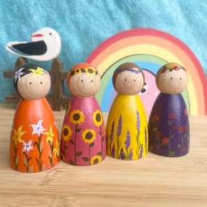 Summer Peg Dolls - pretend play - wooden toys - birthday gift ideas - gifts for children - Sunflower - rose - lily - lavender