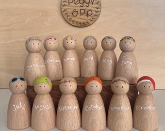 Bambole con molletta per calendario - Mesi dell'anno, giocattoli educativi in legno ecologici