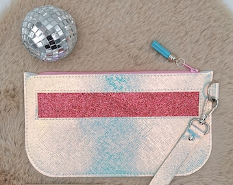 Holographic evening clutch bag.