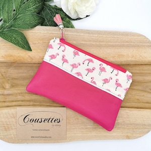 Porte monnaie porte carte en cuir rose fuchsia et coton imprimé fleurs
