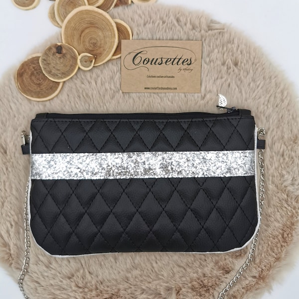 Pochette de soirée en simili cuir noir et argent