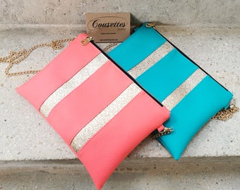 Pochette de soirée en simili cuir turquoise ou corail.