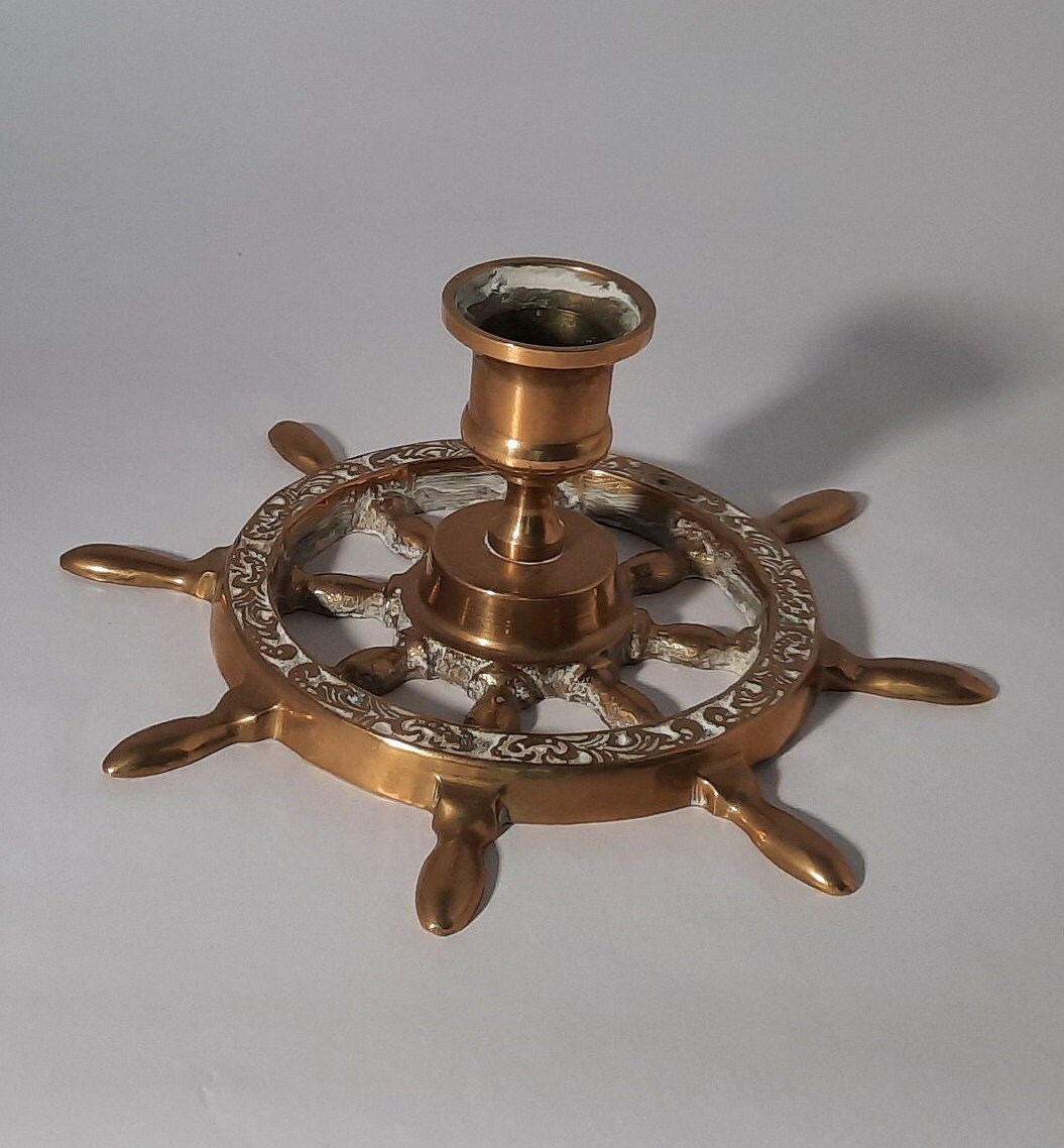 Vintage NAUTICA Brass Candlholder Ship Wheel