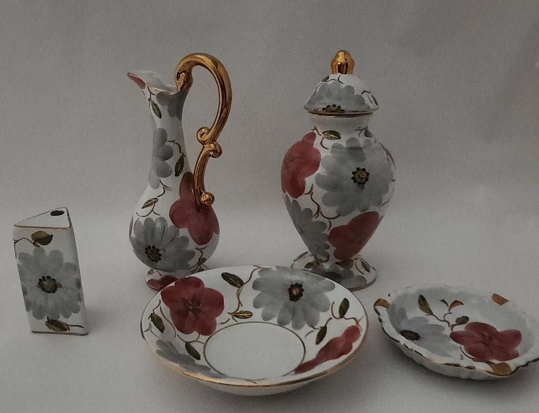 Hand Painted Ginger Jar Set PEREIRAS Valado Floral Gray Red Etsy