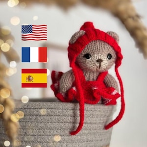 May include: A small knitted teddy bear wearing a red knitted dress and hat. The bear is sitting in a woven basket.