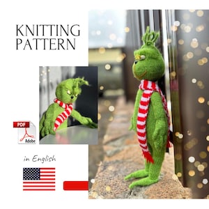 Padrão de tricô do monstro verde de Natal - versão com 2 agulhas - Padrões de tricô de brinquedos, vilão verde de Natal, ladrão de Natal