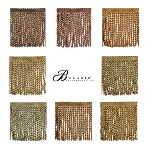 May include: Nine samples of twisted fringe trim in various shades of brown and gold. The trim is approximately 1 inch wide and has a subtle sheen.