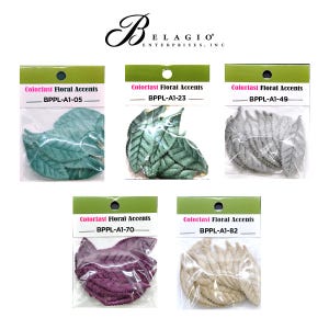 May include: Five packages of Colorfast Floral Accents, each containing a different color of velvet leaves. The colors are teal, green, gray, purple, and beige.
