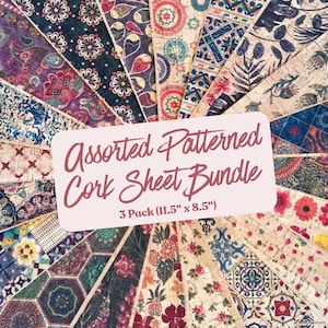 May include: A bundle of assorted patterned cork sheets, featuring various designs in shades of blue, purple, and floral patterns. The text on the image reads "Assorted Patterned Cork Sheet Bundle" and "3 Pack (11.5" x 8.5")".
