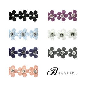 May include: A close-up of ten rows of floral trim with different colored fabric and rhinestone embellishments. Each row features a repeating pattern of five flowers.