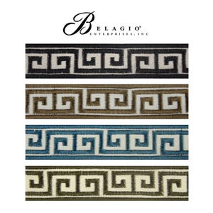 May include: Four samples of black, brown, blue, and green Greek key trim. The trim is a repeating pattern of interlocking squares.
