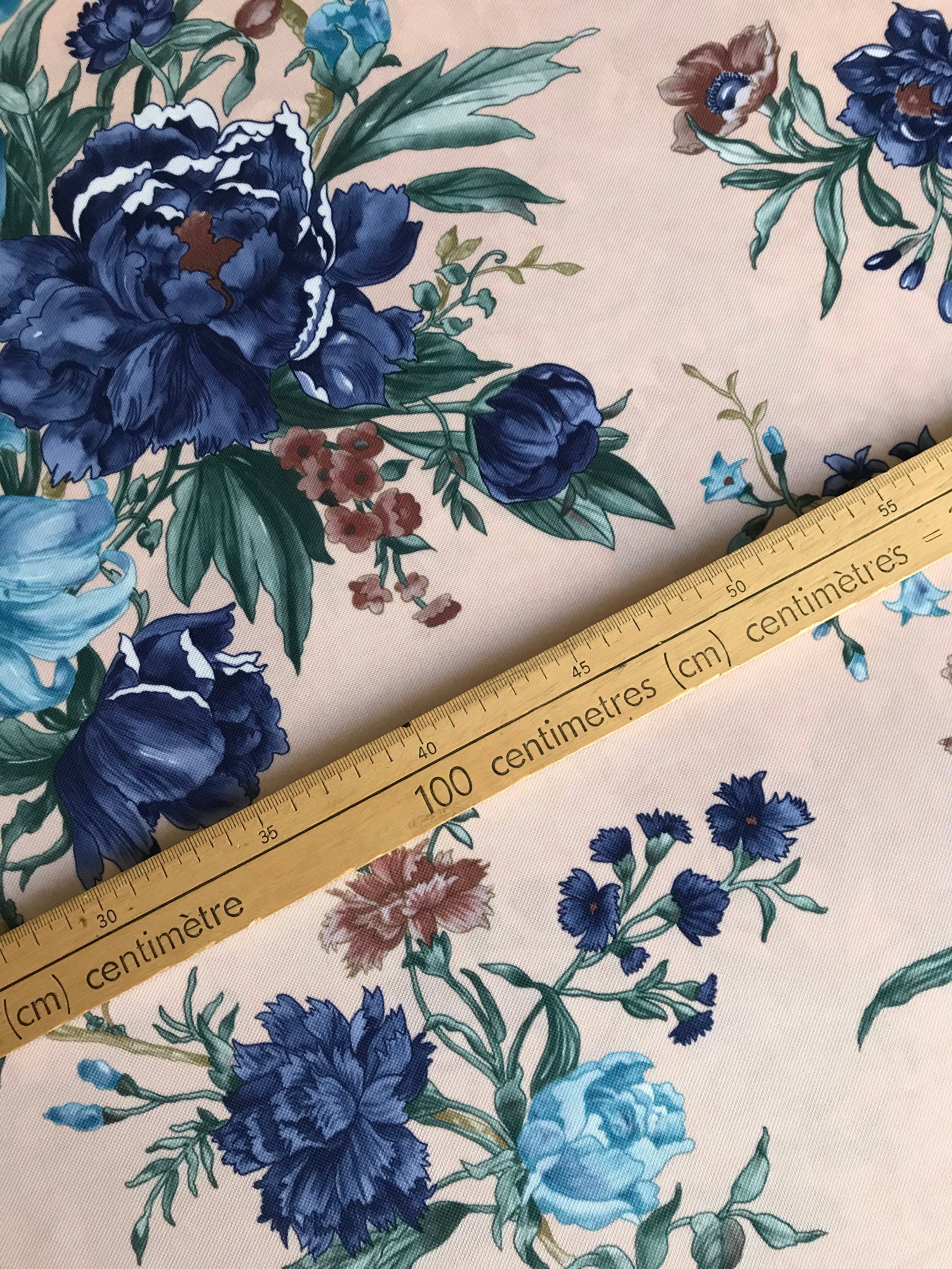 Blue florals on blush pink background printed polyester | Etsy