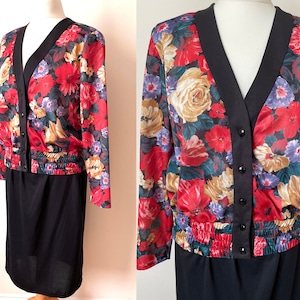 Vintage 80er Jahre Blumen Print Blouson Jacke und Rock Set Gr.38-40 US6-8 EU