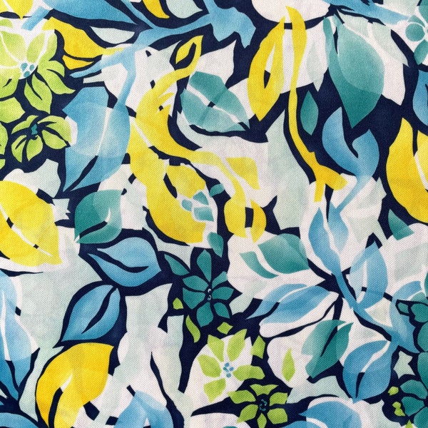 vintage aqua bleu jaune vert floral design soyeux imprimé polyester crêpe tricot couture, 154cm 60cm disponible au mètre