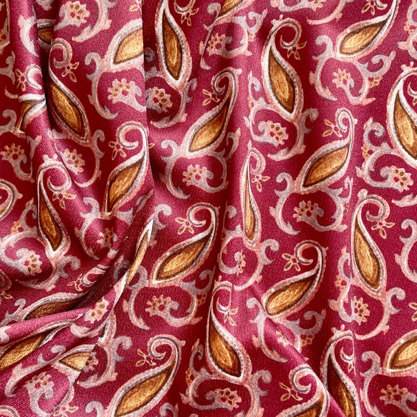Red Paisley style design vintage silky printed polyester crepe dress fabric, 60" 154cm wide, available per metre