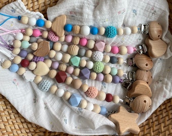 Pacifier Clip for baby with silicone wooden crochet beads, Dummy clip, Pacifier chain, wooden beads, silicone beads, crochet, newborn gift