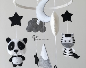 Black&White Baby mobile with panda and zebra, munari nursery, crib mobile, cot mobile, monochrome, montessori baby mobile