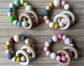 Baby silicone-wood rattle, wooden ring rattle, baby bracelet, newborn gift