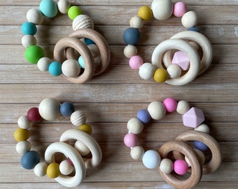 Baby silicone-wood rattle, wooden ring rattle, baby bracelet, newborn gift