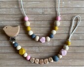 BABY GIFT SET: Silicone Pacifier Clip for baby with name and Nursing necklace for mom; Pacifier chain, Breastfeeding mama necklace