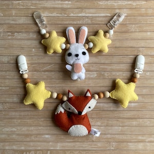 Stroller chain with felt animal, wooden or silicone beads