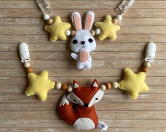 Stroller chain with felt animal, wooden or silicone beads