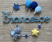 Birth felt wreath with tricotin name, elephant with balloons, Dreamcatcher with elephant,  birth garland, Baby room decoration with tricotin