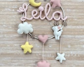 Baby girl felt deer wreath with tricotin name, Dream catcher with deer, Girl rose birth garland, Baby girl room decoration with name