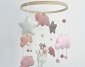 Baby mobile with deer for girl, Nursery felt mobile with deer, clouds and stars in felt, Crib mobile for newborn