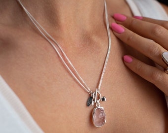 Rose Quartz necklace, Raw Rose Quartz, Raw crystal necklace, 2 in 1 chain.