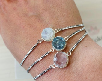 Rose Quartz Raw crystal bracelet, sterling silver, raw gemstone, Taurus birthstone.