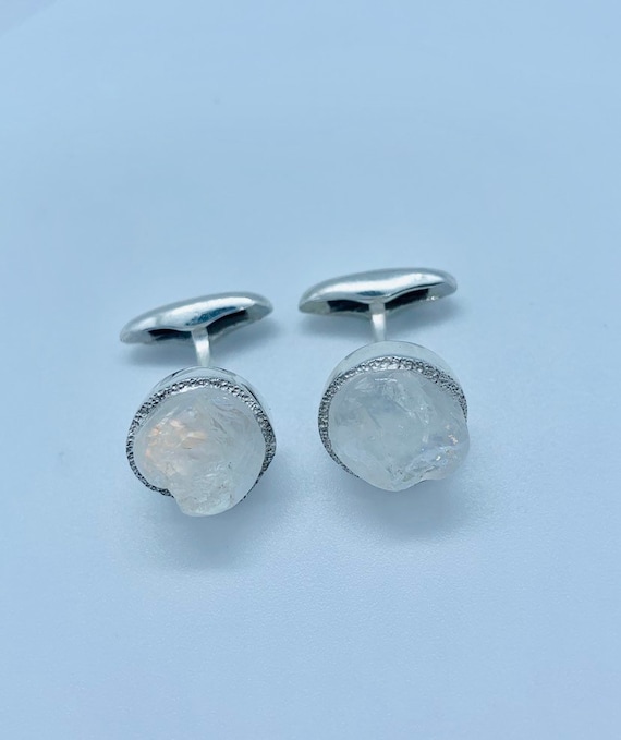 Boutons De Manchette Homme En Argent 925 Sertis De Pierre De Lune Arc-en-ciel - Fait Main En Inde, Neuf Sans Emballage