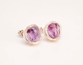 Raw Amethyst Stud Earrings: Sterling Silver February Birthstone