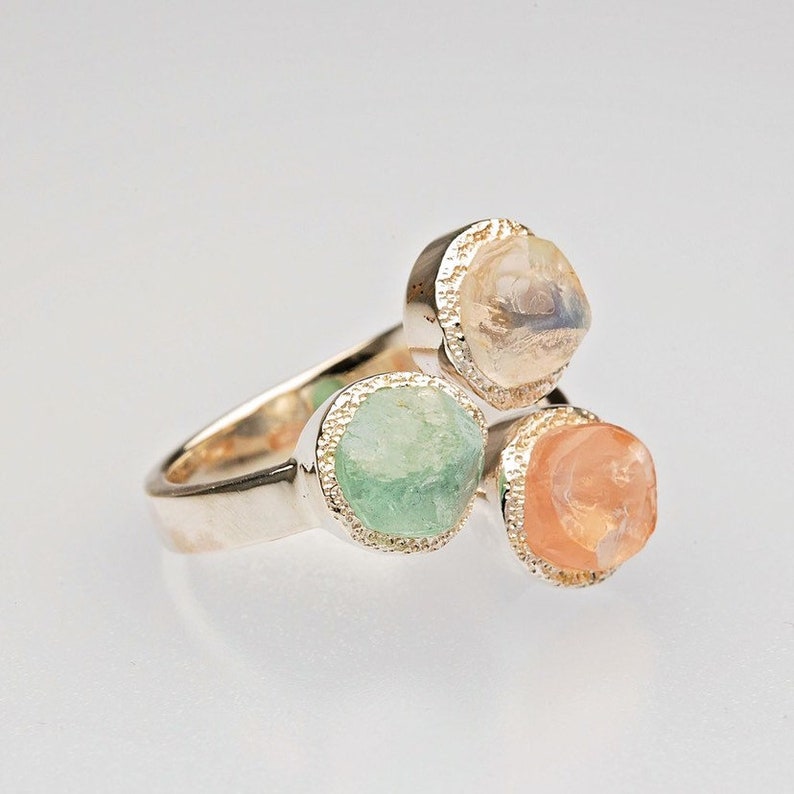 3 Stone Ring Raw Aquamarine Rose Quartz and Moonstone Etsy UK