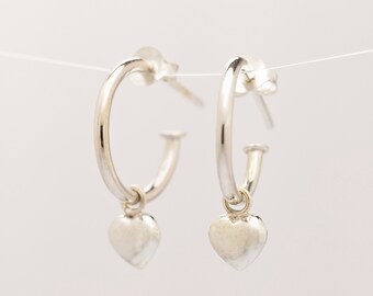 Hoop earrings with charm, Small Silver Heart Hoops - 925 silver