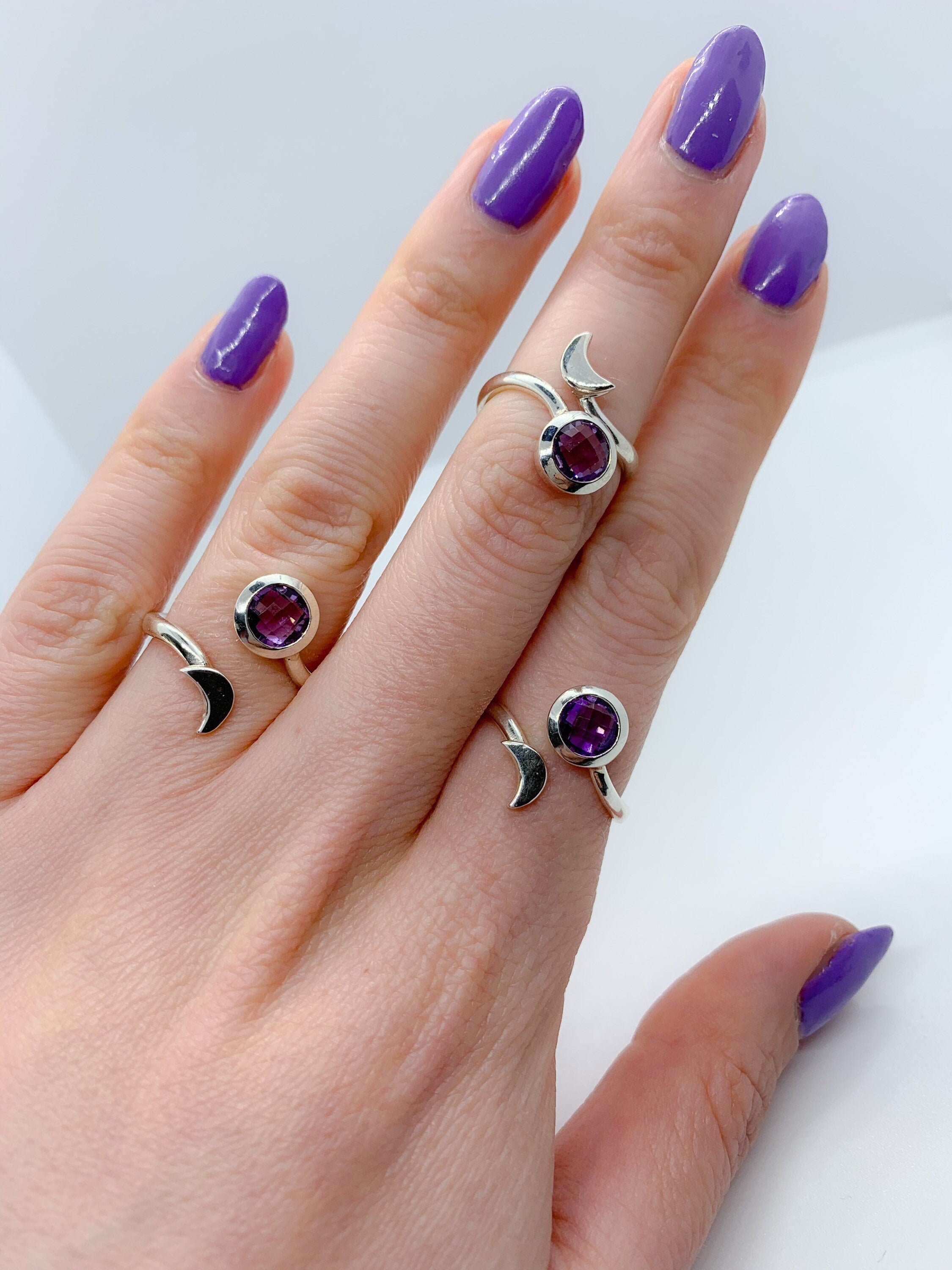 thumbnail interactive-video image 1 of Handmade Silver-Plated Flower Ring With Lab-Created Purple Amethyst – Sizes 6-10, Mystical Style 1 of 3