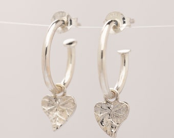 Hoop earrings with charm, Small Silver textured heart Hoops - 925 silver