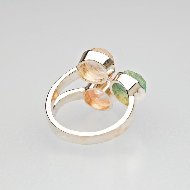 3 Stone Ring Raw Aquamarine Rose Quartz and Moonstone Etsy UK