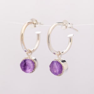 Hoop Earrings with Amethyst charm, Raw Crystal gemstone, 925 silver - Ida