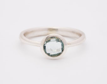 Aquamarine faceted sterling silver ring.