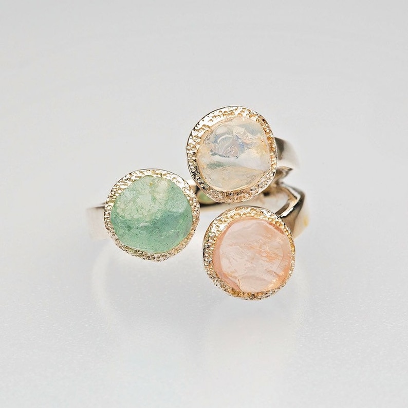 3 Stone Ring Raw Aquamarine Rose Quartz and Moonstone Etsy UK