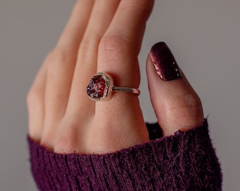 Garnet ring, raw gemstone, sterling silver, January birthstone.